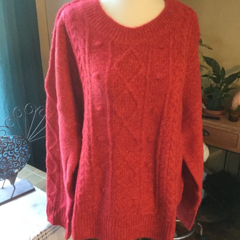 NWT Red Marled cable knit popcorn stitch Sweater